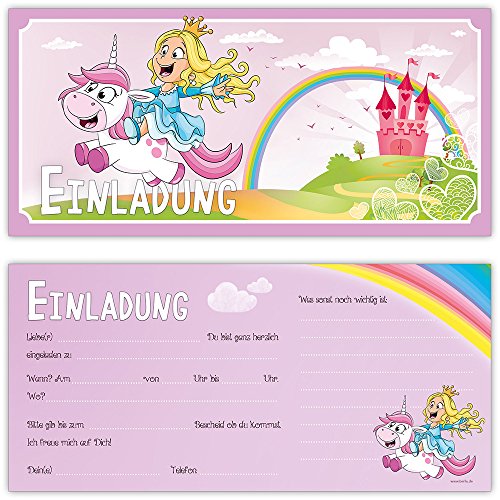 Prinzessin Einladungskarten mit Umschlägen (12er Set) zum Kindergeburtstag mit einem niedlichen, süßen Einhorn – Geburtstag-Einladungen für die Party bzw Feier in rosa und pink, ideal für Mädchen - 2