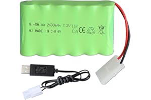ACXILEXY Batería Ni-MH de 7,2 V y 2400 mAh con Enchufe KET 2P de Tamiya y Cable de Carga, Paquete de Batería de 6 Celdas para Vehículo RC, Coche, Camión, Excavadora, Oruga, Tanque, Juguete