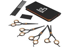 DOGSLIFE Dog Grooming Scissor Kit | Pet Grooming Set Includes Dog Thinning Scissors, Curved Dog Grooming Scissors, Rounded & Straight Edge Grooming Scissors for Dogs