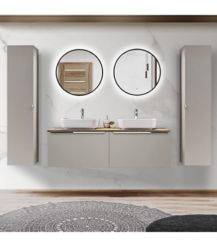 Set Mobili Bagno Con Effetto Scanalato - Lavabo Ceramica, Specchio LED, Armadi Alti - 80cm Colore Nero Opaco - copertina
