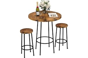 HOOSENG 3 Piece Pub Dining Set, Industrial Counter Height Dining Sets with 2 Stools, Round Bar Table and Chairs Set, Small Kitchen Bistro Table for Breakfast Nook Living Room Small Space, Rustic Brown