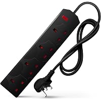 DESIRETECH Black Electric Extension Lead - 4 Gang, 1 Metre Cable with UK Plug & 3 Pin Socket - Wall Mountable & Multi Socket 