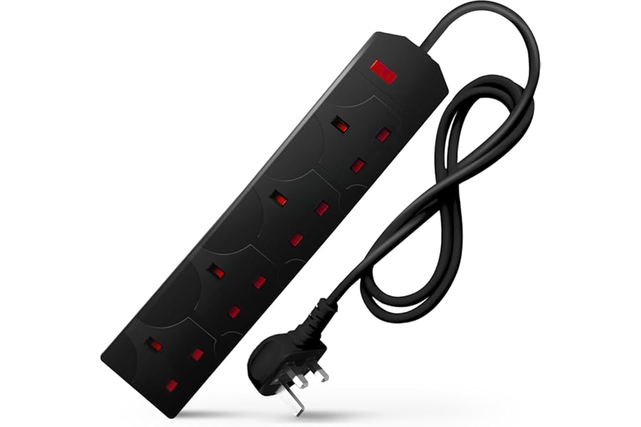 DESIRETECH Black Electric Extension Lead - 4 Gang, 1 Metre Cable with UK Plug & 3 Pin Socket - Wall Mountable & Multi Socket Mains Strip for Home, Bedroom, Kitchen, & Office (1 Pack)