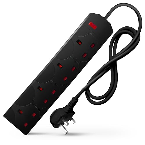 DESIRETECH Black Electric Extension Lead - 4 Gang, 1 Metre Cable with UK Plug & 3 Pin Socket - Wall Mountable & Multi Socket Mains Strip for Home, Bedroom, Kitchen, & Office (1 Pack)