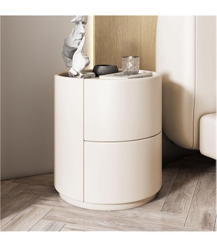 Moderner Runder Nachttisch Mit Schubladen – Massivholzrahmen, Sattelleder-Optik, Minimalistisch, 45 Cm, Für Schlafzimmer & Wohnzimmer, Khaki