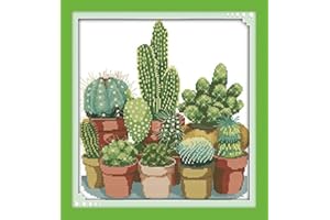 Joy Sunday Kit de Point de Croix Compté DMC Français - Fils de Qualité, Tissu 14CT pour Débutants et Experts - Design Original 2025-Cactus 34cm × 35cm [Cadeau Créatif]