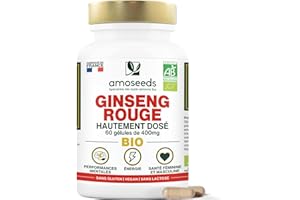 AMOSEEDS Panax Ginseng Rouge BIO de Corée | Extrait haute concentration | Énergie, Vigueur, Anti-stress, Concentration | 60 gélules de 400mg | Qualité Supérieure