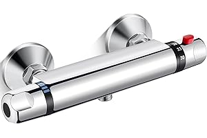 Thermostatic Shower Mixer Bar, AIMOYO Wall Mounted Shower Mixer Valve, Modern Anti Scald Thermostatic Shower Tap, 38°C Temperature Control for Bathroom, Chrome, G1/2" Outlet