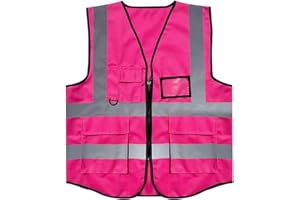 AONAYO Warnweste Pink,Warnweste Erwachsene,Security Weste,Rosa Sicherheitsweste Mit Taschen Und Reißverschluss,Reflektierende Jacke Für Den Außenbereich