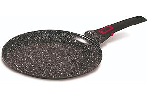 BAUMALU - Crêpière Granit Pro Céramique - Fonte d'Aluminium - Tous Feux dont Induction - Intérieur Revêtement Céramique Fusion Pro Effet Pierre Sans PFOA ni PFAS - Manche Amovible - Ø28cm - Noir