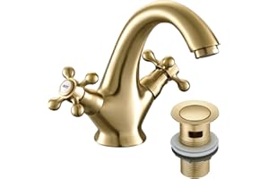HEXMIXER Victoria Golden Bathroom Sink Tap for Basin with Pop Up Sink Plug Dual Cross Lever Gold Brass Swan Neck Bathroom Tap Mixer Traditional Basin Mixer Tap 662WGO