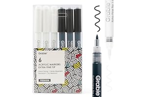Grabie Black&White Extra Fine Tip Acrylic Paint Marker Set, 6 Pack, 0.7mm Acrylic Paint Pens for Highlights, White Highlight Markers