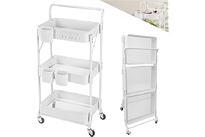‎ALLYSON Allyson® Klappbarer Aufbewahrungswagen 3 Etagen - Faltbarer Servierwagen mit Rollen, Rollregal mit Körben & Haken, Küchenwagen, Badregal, Beistellwagen, Organizer für Haushalt, Büro & Badezimmer- Weiß