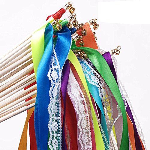 hangnuo 10 Stück Hochzeit Geburtstag Party Seide Spitzenband mit Glocken Girlanden Reinigungsstäbe Fairy Stick bunt