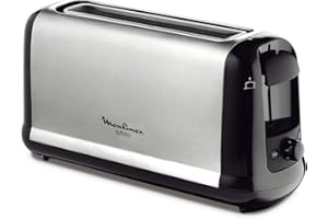 Moulinex Grille-pain 1 longue fente, 7 niveaux de dorage, Fente large, Bouton arrêt, Décongélation, Réchauffage, Tiroir ramasse-miettes, Subito, Inox LS260800