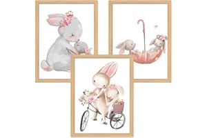 Zamety Set di 3 Immagini per Cameretta dei Bambini, A4 Poster Animali Senza cornice, Immagini per La Cameretta dei Bambini per Ragazzi E ragazze, Decorazione da Parete Coniglio