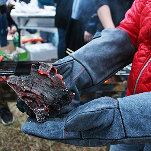 OZERO Schweißhandschuhe, Perfekt für Barbecue Schweisser Mig Kamin Kaminofen Pot-Halter Gartenarbeit – Baumwolle Futter mit 14 inch extralange Hülse Hitzebeständige BBQ Leder Handschuhe Grillgloves - 6