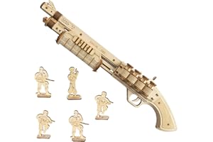 ROKR Gumowa taśma, pistolet drewniany, zestaw do montażu, puzzle 3D, model mechaniczny dla dzieci, młodzieży i dorosłych (Terminator M870)