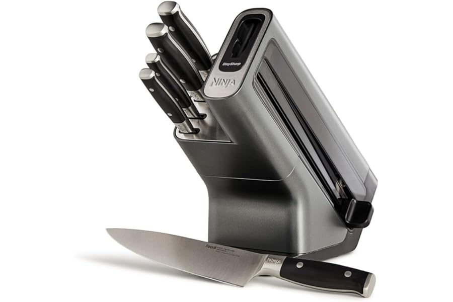 Ninja Foodi StaySharp Knife Block with Integrated Sharpener, 5-Piece Set, Includes Kitchen and Herb Scissors, Black/Stainless Steel, K32005UK