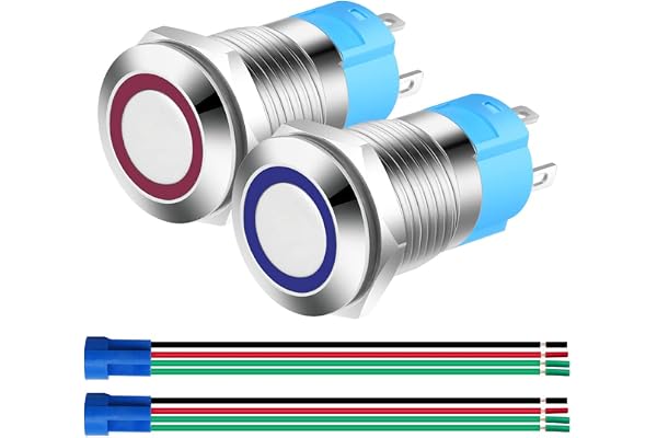 Gebildet 2 st 0,47 tum/12 mm Rostfritt Stål Momentan Tryckknapp 12 V-24 V 3 A LED Normalt öppen SPST På-Av Vattentät Knapp med Kabeluttagskontakt (Blå + Röd, Varje Färg 1 st)