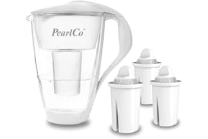 PearlCo - Carafe avec filtre à eau en verre - blanc - 3 cartouches Universal classic incluse (compatible avec Brita Classic)