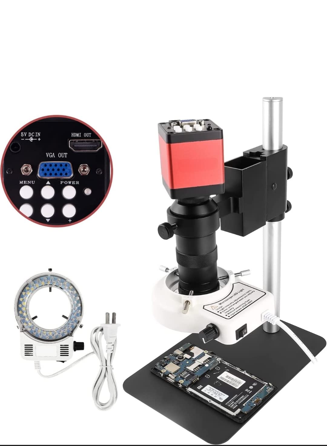 DKP Medicams Microscope Sets HD 13MP 60F/S HDMI VGA Industrial Microscope Camera+130X C Mount Lens+56 LED Ring Light for Phone Chip Repair