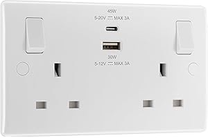 BRITISH GENERAL BG Electrical 45W Double Switched Power Wall Plug Socket with Super Fast Charge Type A & C USB Charging Ports, Round Edge, Nexus 800 Series, White Moulded, 13A, 822UAC45