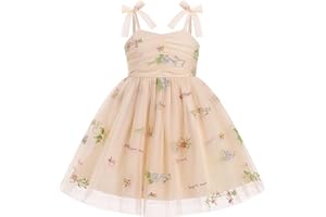 IDOPIP Robe Bébé Enfant Fille l'été Noeud D'étrave Bretelles Fines Tulle Le plissé Broderie Florale 3D Fleurs Sequins étoiles Points Colorés Fête d'anniversaire Vacances Princesse