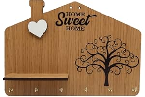 Fitwish Portachiavi da parete in legno MDF, con testo Home Sweet Home, stampa albero della vita e cuore a rilievo bianco con mensola, appendi chiavi da parete 6 ganci, color legno.Idea regalo