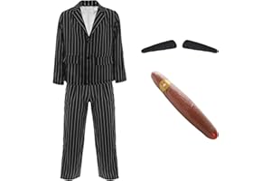 LOVETRENDS Mens Halloween Costume - Pinstripe Suit Jacket and Matching Trousers, Fake Cigar, Spiv Moustache - Adults Halloween Fancy Dress Costume