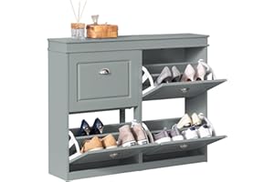 ‎SOBUY SoBuy FSR79-HG Schuhschrank mit 4 Klappen Schuhregal Schuhkipper mit 8 Ablageflächen Schuhkommode Schuhablage Hellgrau BHT ca.: 105x82x24cm