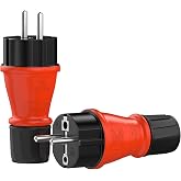 RedStar24 Schuko 230V IP54 Plug Set of 2 Robust Rubber and Plastic Protection Connectors Black Red / Hermetically Sealed Desi