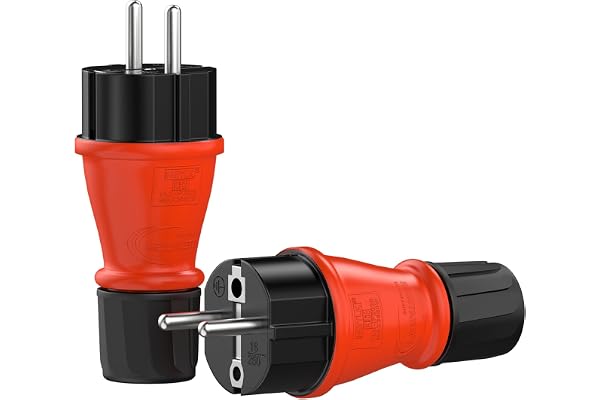 RedStar24 - Prise Mâle 220V IP54 | Fiche de Protection Robuste en Caoutchouc & Plastique, Noir Rouge | Parfait pour l’Extérieur | Prise Électrique à 3 Broches | Set de 2 Fiches Mâles Schuko