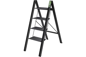 Escabeau à 4 marches, escabeau Pliant RIKADE à marches Larges et antidérapantes, escabeau léger Portable en Aluminium pour la Maison et Le Bureau, marchepied de Cuisine Capacité de 330 LB (150 kg)