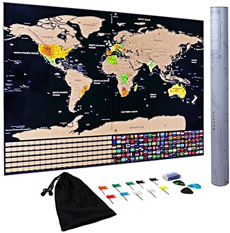Scratchable World Map 32.48 Inch *23.23 Inch,Konomio Personalized Scratch off World Map with Flags,Guitar Picks and Eraser,Deluxe Edition for Travelers Children and School Teaching