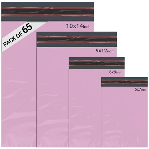 65 Mixed Parcel Bags Baby Pink, Mailer Bags Tamper-Proof Strong Postal Packaging Bags for Shipping, Mailing & Delivery, 4 Sizes Small to Large Bags, 15 Each