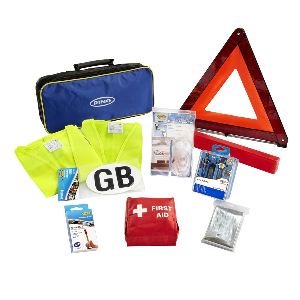 Ring-RCT1-10-Piece-European-Travel-Kit-with-Warning-Triangle-2-High-Vis-Vests-Bulb-Kit-NF-Breathalysers-First-Aid-Kit-Foil-Blanket-Beam-Reflectors-GB-Sticker-and-Storage-Case