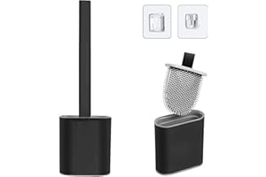 FYKERO 2 Pack Toilet Brush With Holder Set - Silicone Toilet Brush with No-Slip Long Plastic Handle and Quick Drying Holder Kit (Flooring/Wall Mounted), Bathroom Toilet Bowl Brush with Clean Bristle, Black