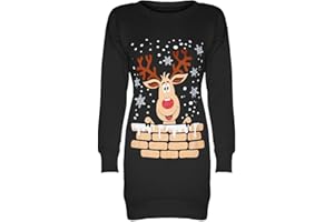 Fashion Star Women's Christmas Snowflakes Xmas Elf Santa Reindeer Printed Fleece Knitted Sweatshirt Jumper Mini Dress