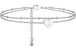 PROSTEEL Women Initial Anklet, A-Z Letter Heart Ankle Bracelet, Adjustable Double-Layer Foot Chain for Beach Summer, Silver/Gold Plated 316L Stainless Steel (with Gift Box)