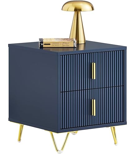 Beliani Table de Chevet en Velours Bleu avec 2 Tiroirs Pratiques Intégrés Ajout Idéal pour Chambre à Coucher au Style Moderne et Glamour