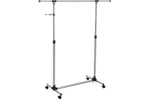 SONGMICS Clothes Rack with Castors, Garment Rack, Adjustable Height Between 97-165 cm, Clothes Rail with Extendable Bar, Side Hooks for Accessories and Bags, Silver and Blue LLR01L