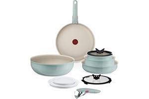 Tefal Ingenio Serenity - Juego de 2 Sartenes 22/28 cm + Wok 26 cm + 2 Cazos 16/20 cm + 4 Accesorios + 2 Mangos, Revestimiento Antiadherente, Apilable, Inducción, Apto lavavajillas y horno, Eucalipto