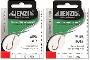 BLNTACKLE76 Lot de 2 paquets de crochets à vers Jenzi rouges attachés au carbone fluoré, 50 cm, taille du crochet : 2, 4, 5, 6, 8, 10, 14 + autocollants Petri Heil!