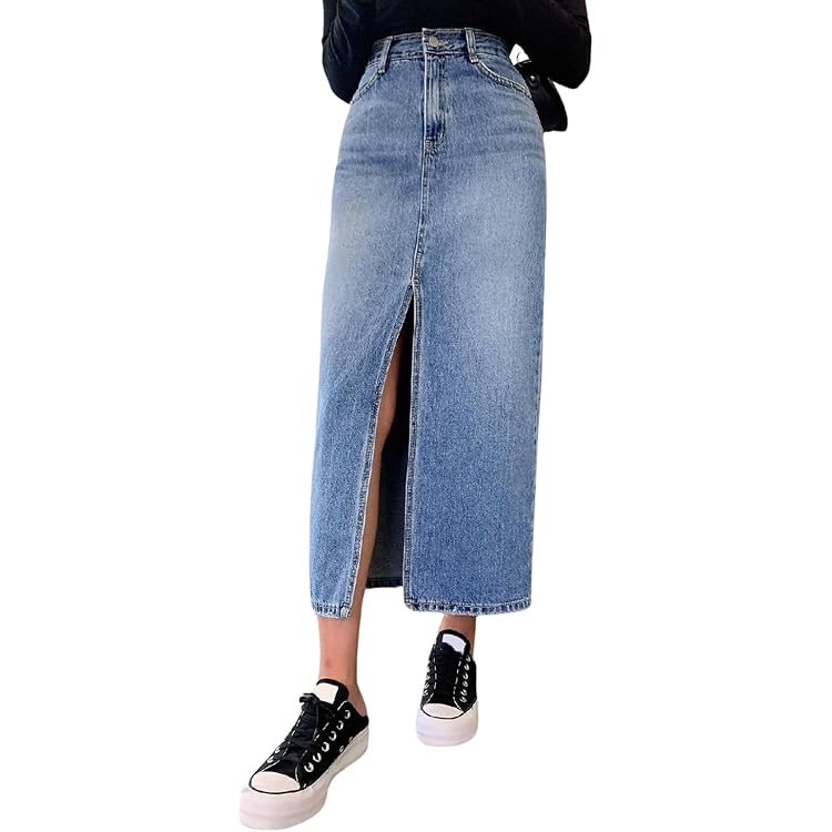 Buy BLACKX Denim Skirt - Long Fancy Slit Skirt - Blue (in, Alpha