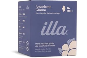 ILLA CARE illa Assorbenti Giorno - Assorbenti Anatomici con Ali - Superficie in Cotone al 100% - Per i Giorni del Ciclo di Flusso Medio - Protezione Quotidiana - 1 Confezione da 14 Pezzi