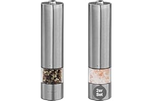 BMF-VERSAND Molinillo de pimienta eléctrico con luz - Juego de molinillo de pimienta y sal de acero inoxidable con pilas - Molinillo de especias de cerámica Iluminación - sal y pimienta molinos de especias