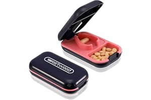 Firtink Tablettenteiler, Pillenschneider - EdelstahlKlinge, Pillenteiler mit Tablettenaufbewahrungsfach, Tabletten Teiler für Kleine und Große, Tragbarer 2-in-1 Pillenschneider(Rosa)