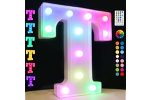 OYCBUZO Light Up Colorful LED Marquee Letter Lights, 18 Colors Changing Alphabet Letters Sign with Remote Timer for Night Light Wedding Birthday Party Lamp Christmas Home Bar Decor- Colorful T