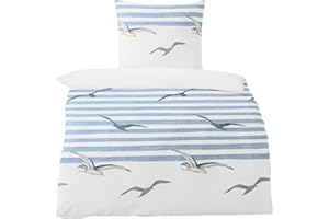 ‎TRAUMSCHLAF Traumschlaf Bettwäsche Seersucker aus 100 % Baumwolle • Sommerleicht & atmungsaktiv • Möwenmotiv mit Streifen • Pflegeleicht & bügelfrei • 135x200 cm + 80x80 cm